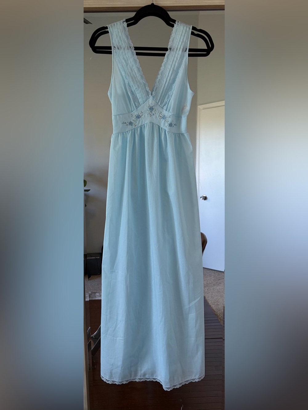 Vtg Blue Nightgown Babydoll VNeck Lace Trim Maxi Slip Coquette Lingerie Cotton